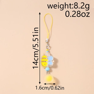 Detailed view of handmade bee phone charm with dimensions and material specifications