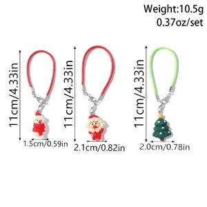 Size chart showing height and width of Christmas tree, Santa, and snowman phone charms