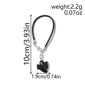 Detailed view of black ghost charm with dimensions for Halloween phone lanyard