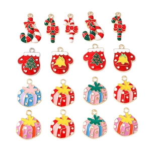 16-piece Christmas alloy charms set including candy canes, gloves and colorful gift boxes