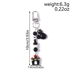 Gothic beaded keychain with black cat and castle pendant including 10cm size dimensions