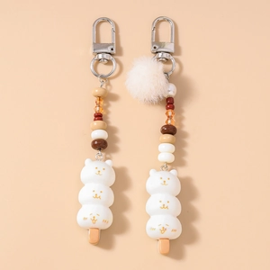 Porte-clés Ours Blanc Dango en Résine Avec Perles et Pompon en Fausse Fourrure Pendentif Animal Doux Charme de Sac Pour Femmes Filles
