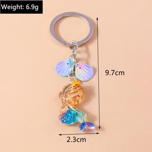 Detail showing mermaid keychain dimensions 9.7cm by 2.3cm with blue shell charms