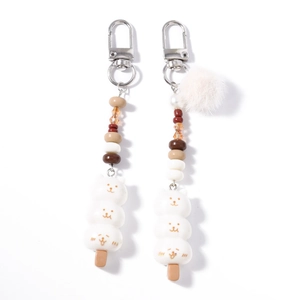 Lot de porte-clés chat dango en résine avec perles colorées et pompon en fausse fourrure