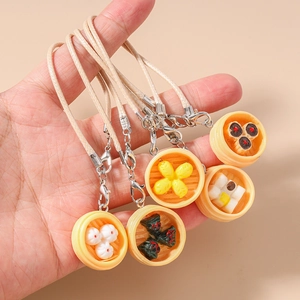 Realistic mini dumpling food pendants with leather rope for bags and phone charms