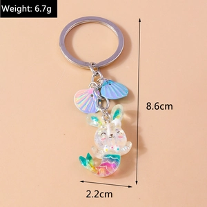 Detailed view of resin mermaid bunny keychain with colorful sequins and shell charms