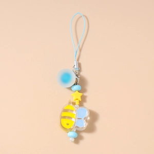 Detailed view of a cute acrylic bee charm with star beads and light blue phone lanyard