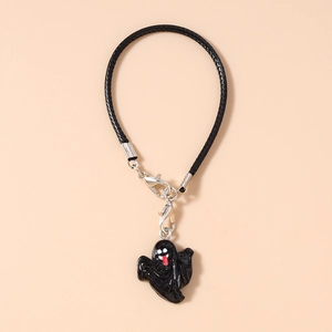 Detail of black woven cord with Halloween cartoon ghost pendant and silver lobster clasp