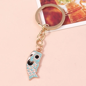 Japanese koi fish flag keychain with light blue enamel and gold-plated metal link