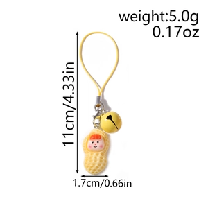 Detailed view of cartoon peanut phone charm with yellow strap and size specifications