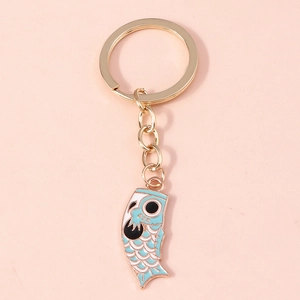 Japanese style koi carp flag keychain in light blue and white with gold hardware