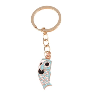 Japanese style blue and white Koinobori koi fish keychain on a gold metal ring