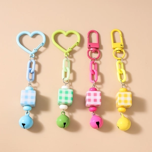 Fashion Square Bead Resin Keychain With Thick Chain Colorful Bell Heart Clasp Bag Charm For Women Teens Jewelry Gift Accessory