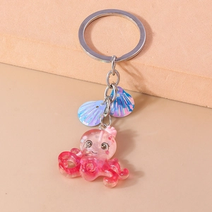 Detailed view of pink resin octopus keychain with iridescent shell charms and metal ring