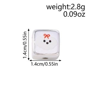 Macro view of a 1.4cm silver square bead with a white dog enamel for DIY jewelry making