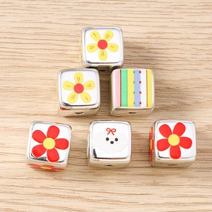 Creative silver metal square charms with painted floral and dog patterns for DIY jewelry