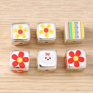 Polished silver square flower and puppy pattern metal beads for DIY jewelry making
