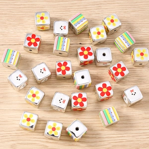 Creative square metal beads with floral and cartoon patterns for DIY jewelry making