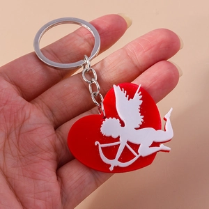 Fashion red heart keychain with white Cupid silhouette on a metallic ring