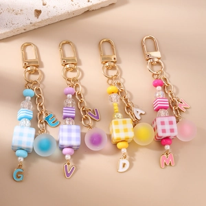 Fashionable beaded keychain set with colorful matte round beads and square heart charms