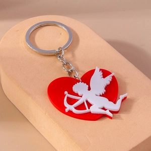 Fashionable heart Cupid keychain with silver key ring and red acrylic angel pendant charm