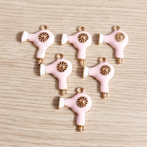 Pink enamel hair dryer charms with gold alloy loops for DIY jewelry making and crafts