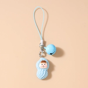 Detail of light blue cartoon peanut figure charm with bell and lanyard for phone