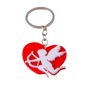 Fashion heart Cupid keychain with red heart base and white silhouette on metal ring