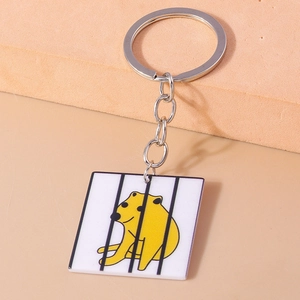 Detail of square keychain with funny cartoon animal in striped jail pattern
