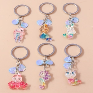 Cute Ocean Animal Resin Keychain With Glitter Shell Pendant Octopus Mermaid Jellyfish Seahorse Bag Hanging Charm Keyring