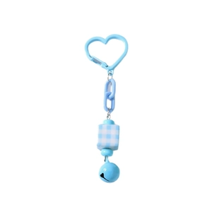 Blue heart carabiner keychain with checkered cube bead, chain link, and metal bell pendant