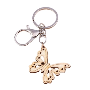 Fashionable hollowed-out wooden butterfly keychain with a polished silver metal ring clasp