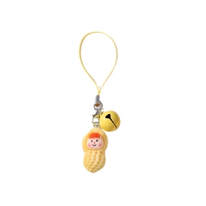 Cartoon peanut shell phone charm with orange hair figure, yellow bell and lanyard