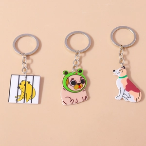 Three cute acrylic cartoon dog and capybara keychains with vibrant colors and metal rings