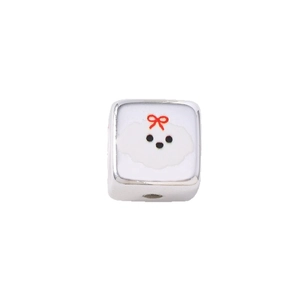 Square silver charm pendant with white enamel dog and red bow for DIY jewelry making