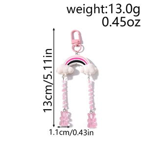 Pink rainbow bear keychain with beads and cloud charms including product dimensions