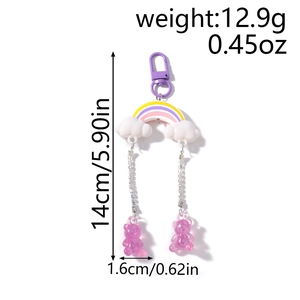 Detailed view of bear keychain dimensions with rhinestone chains and purple resin charms