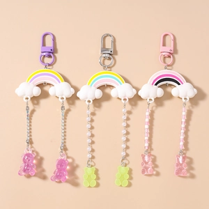Rainbow Cloud Gummy Bear Keychain Cute Colorful Resin Animal Bag Charm With Rhinestone Pearl Chain For Women Bag Decor