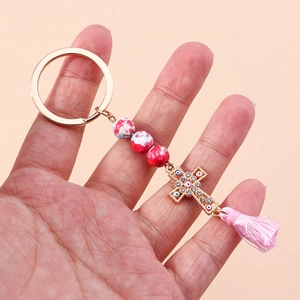 Ethnic Zinc Alloy Evil Eye Cross Keychain With Pink Tassel Marble Beads Bohemian Rhinestone Bag Pendant For Women Men Gift