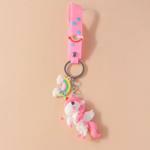 Porte-clés licorne en silicone blanc avec pendentif arc-en-ciel et dragonne rose