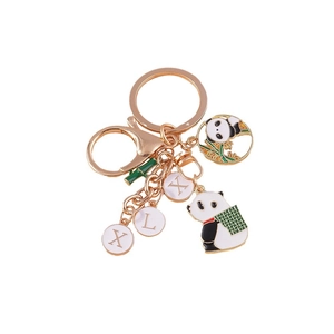 Panda and bamboo keychain with rose gold finish, enamel pendants and letter charms