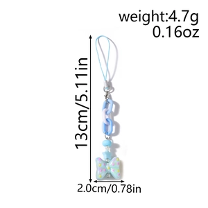 Detail view of light blue beaded phone strap with plastic chain and polka dot bow charm