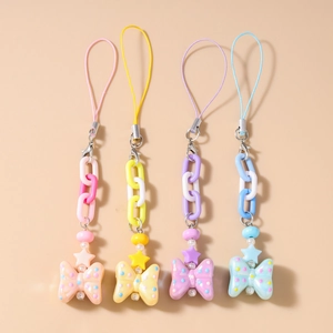 Sweet Candy Color Star Beaded Phone Charm With Polka Dot Bow Resin Chain Lanyard For Women Y2K Aesthetic Accessories
