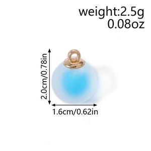 Detailed size chart of frosted gradient blue sphere pendant with gold metal ring hook