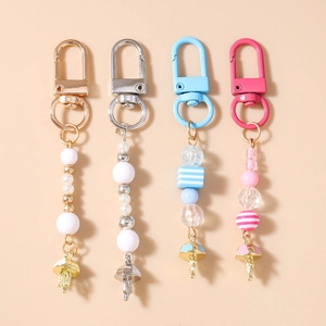 Fashion Striped Beaded Keychain Zinc Alloy Jellyfish Pendant Bag Charm With Faux Artificial Pearl Colorful Beads For Women Gift
