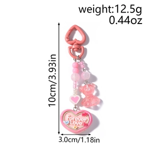 Pink heart keychain with glitter bear pendant and Forever Love bead detailed dimensions