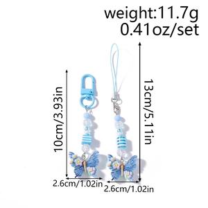 Detailed dimensions of blue butterfly phone strap set with beads and carabiner clips