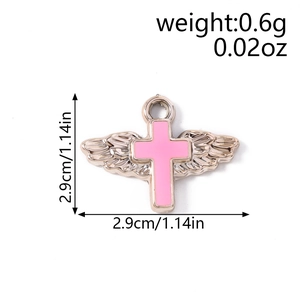 Pink enamel cross wing pendant detail with dimensions and weight for DIY jewelry making