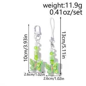 Detailed view of green beaded butterfly phone charms with 10cm and 13cm size measurements