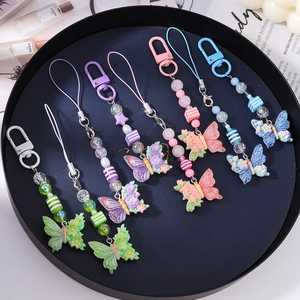 Fashion Butterfly Flower Resin Beaded Phone Lanyard Keychain Set Acrylic Butterfly Phone Charm Key Ring For Women Bags Accessory